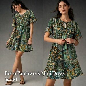 H.A.C Boho Mini Dress Patchwork Silk Blend Dress Size Medium Tassel Tie